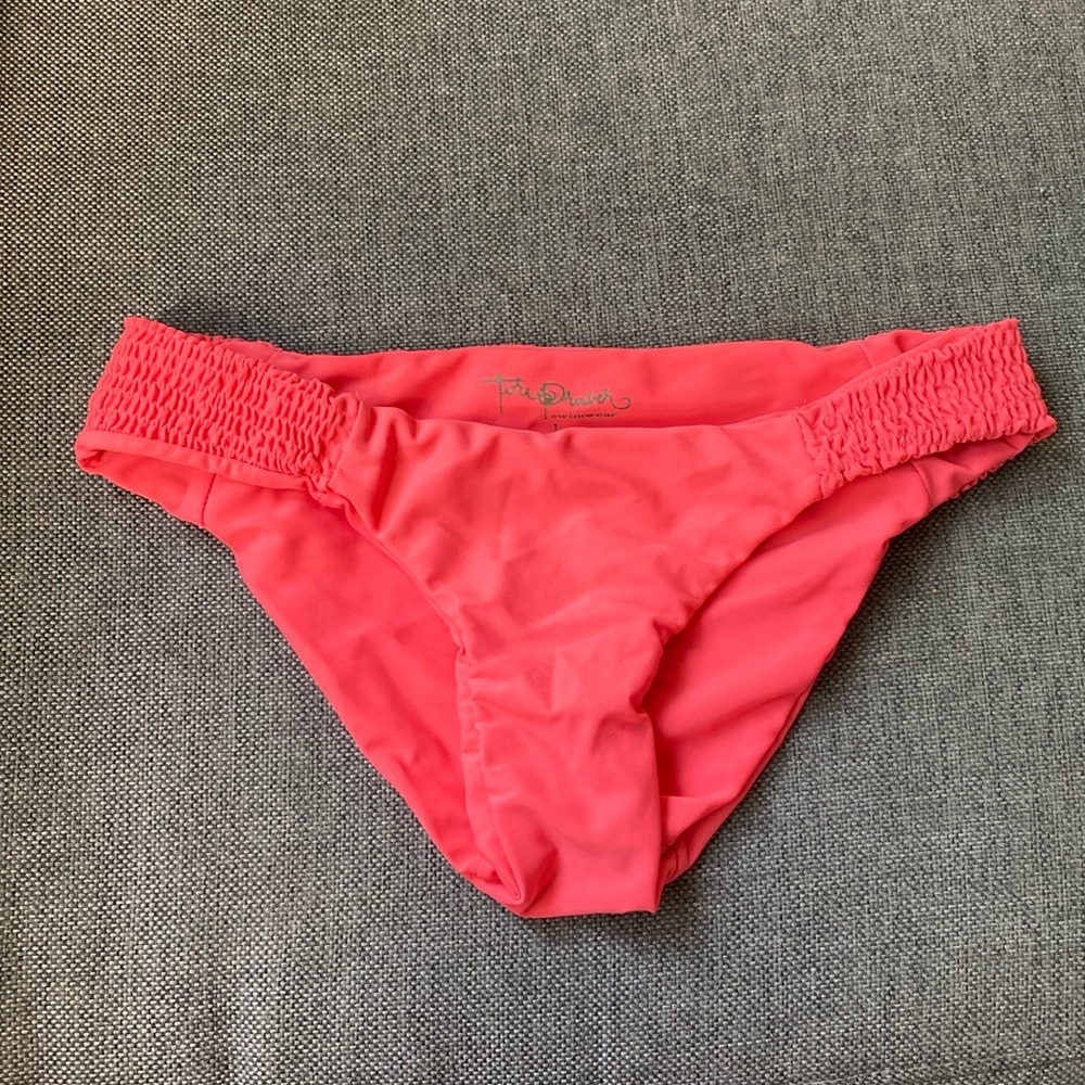 Tori Praver Swim Orange Coral Bikini Bottoms Size Large Smocked Sides Midrise